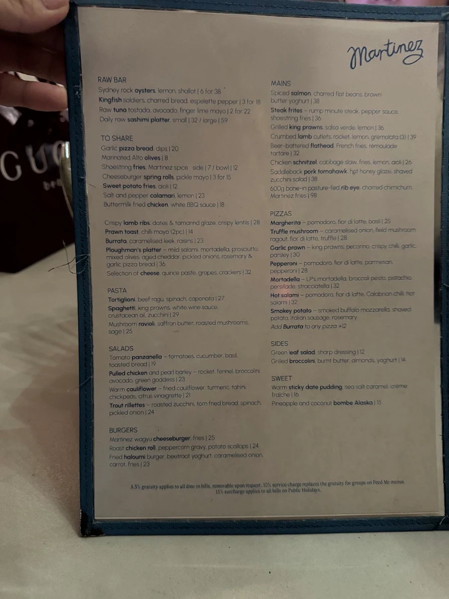 Menu, Martinez — Restaurant, Terrace and Bar