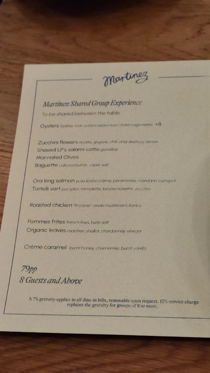 Menu, Martinez — Restaurant, Terrace and Bar