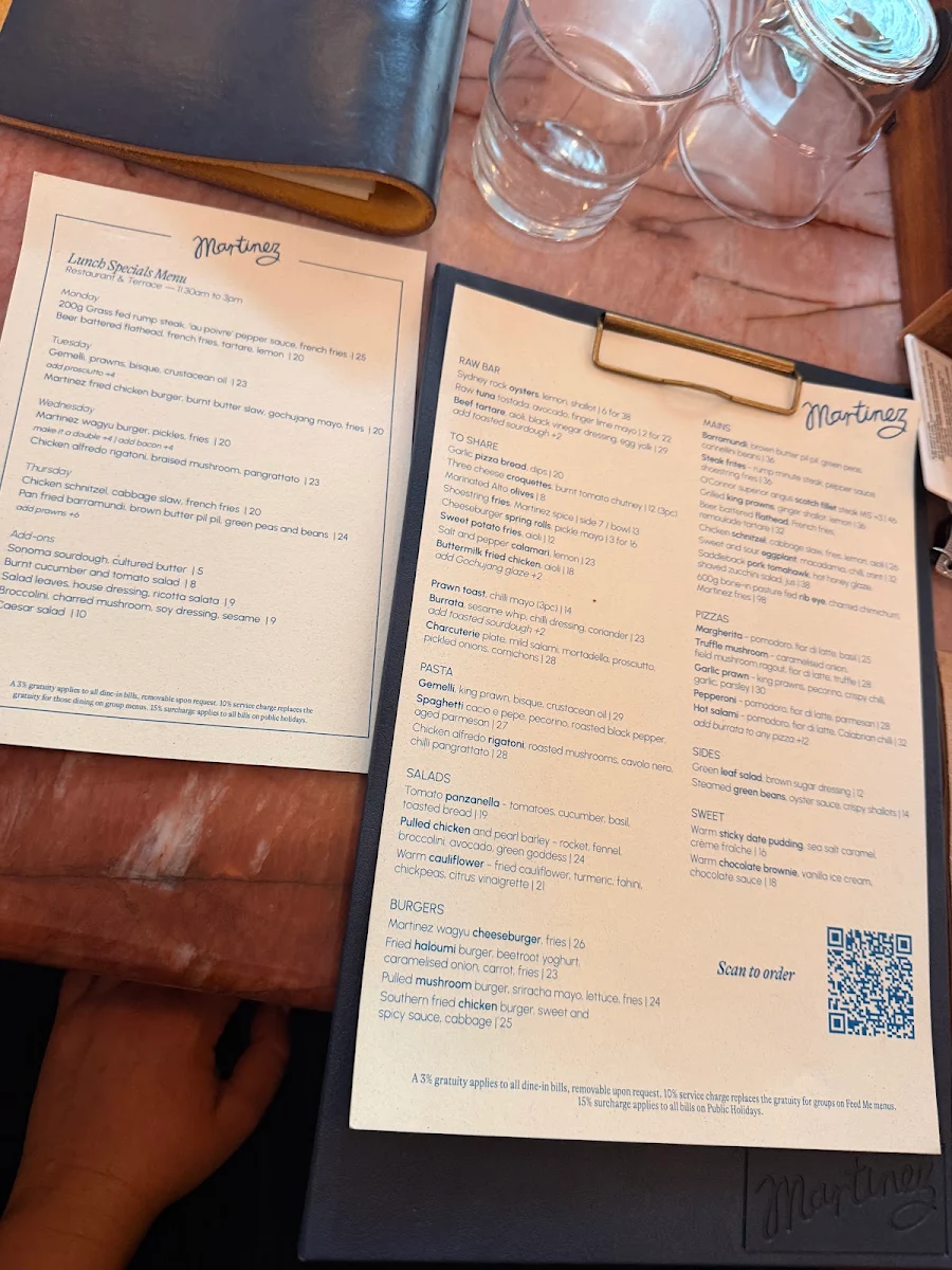 Menu, Martinez — Restaurant, Terrace and Bar