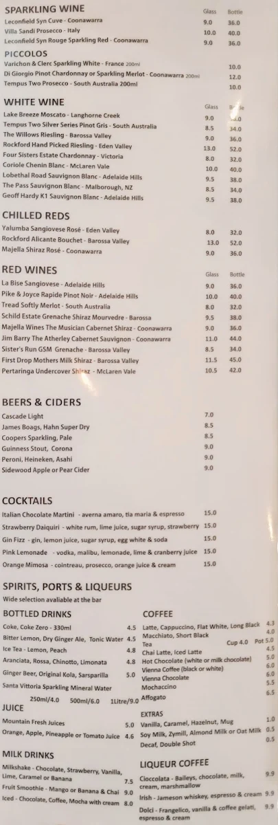 Menu, Dolci Cafe