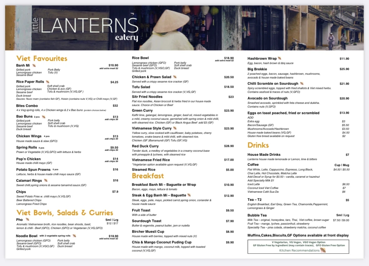 Menu, Lanterns Viet Kitchen