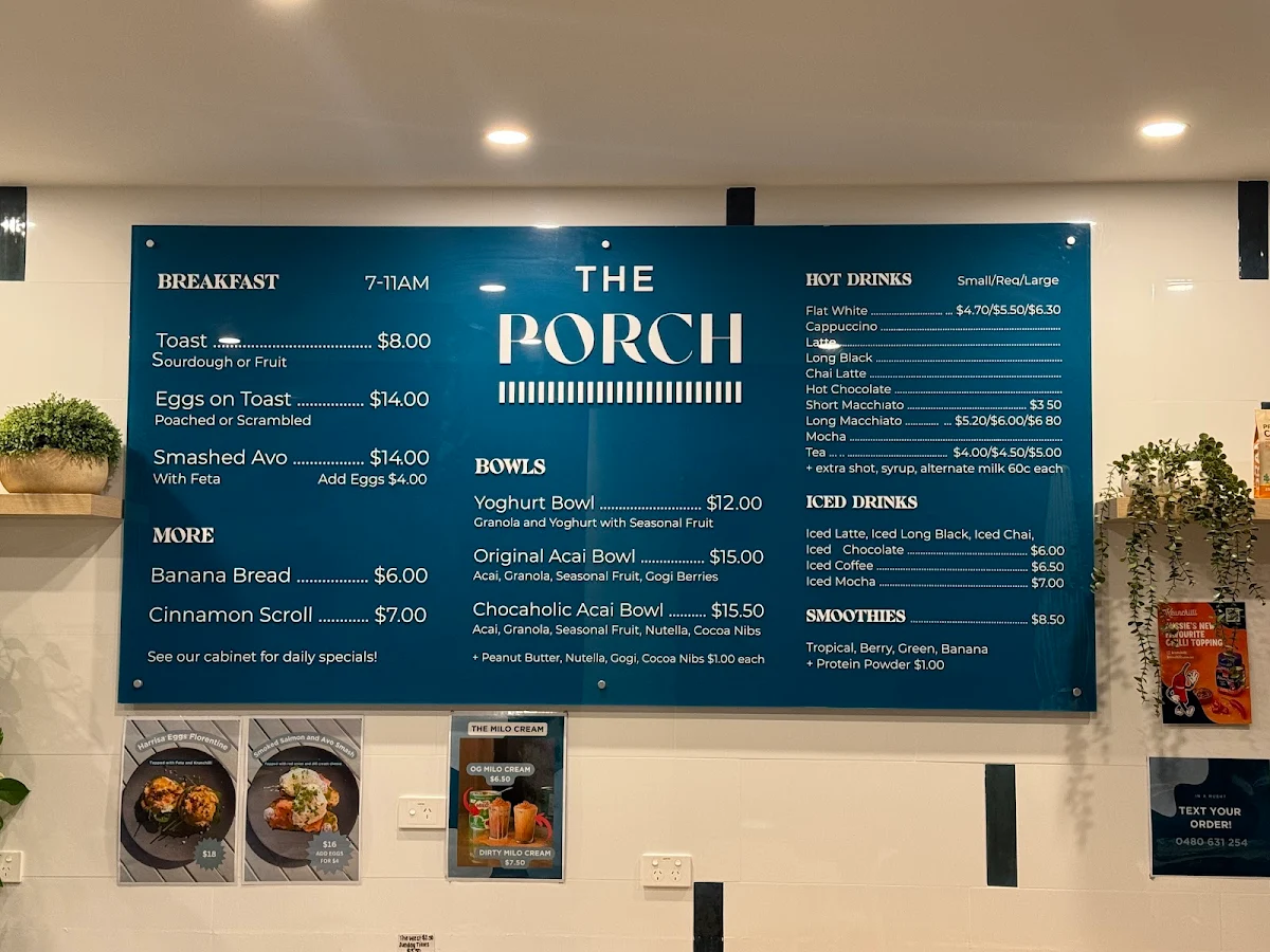 Menu, The Porch Cafe
