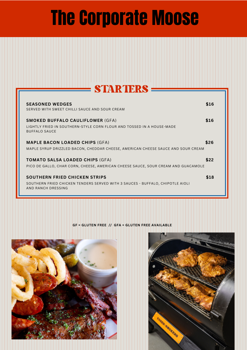 Menu, The Corporate Moose