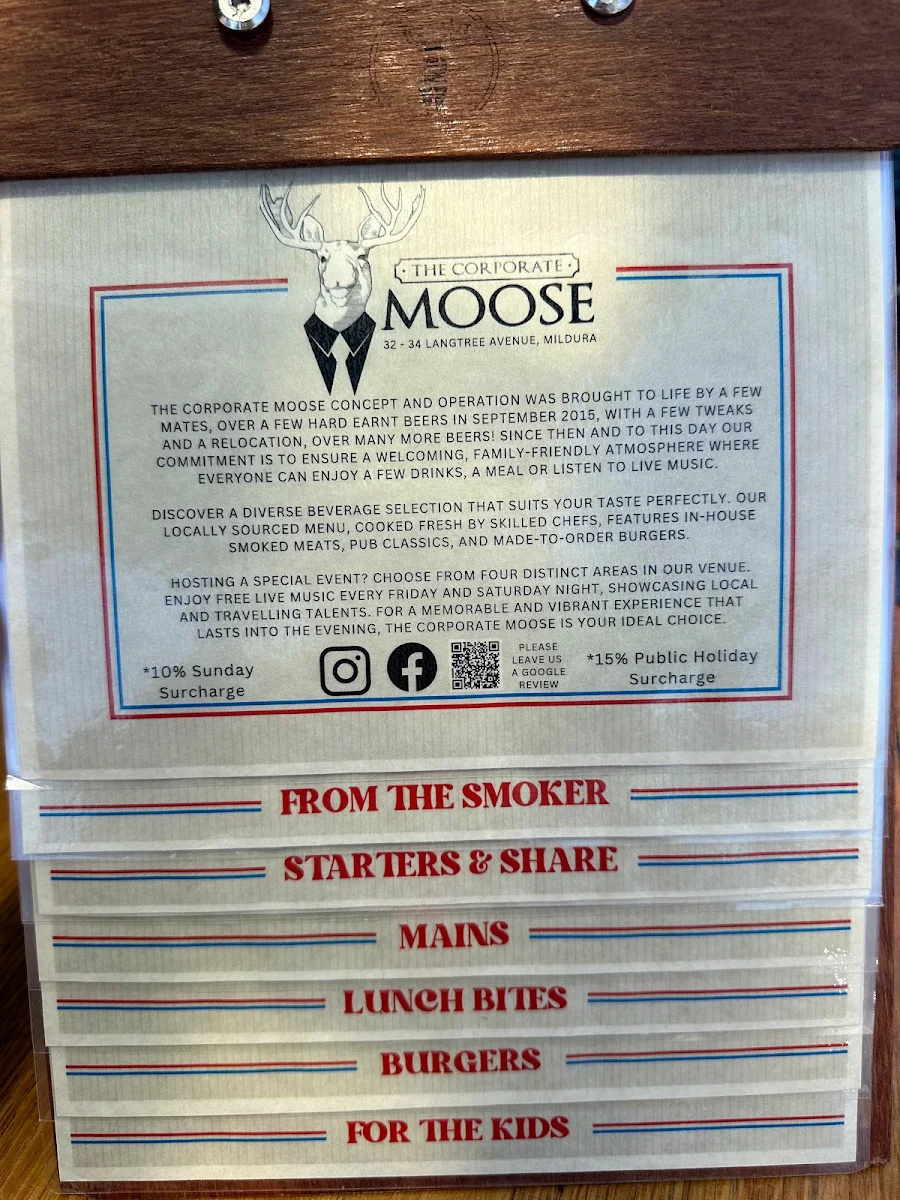 Menu, The Corporate Moose