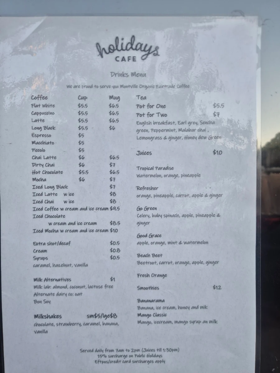 Menu, Holidays Cafe
