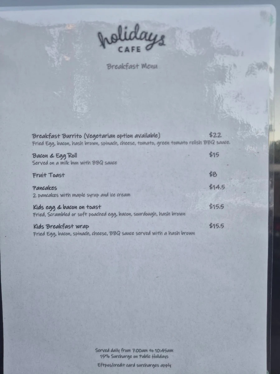 Menu, Holidays Cafe