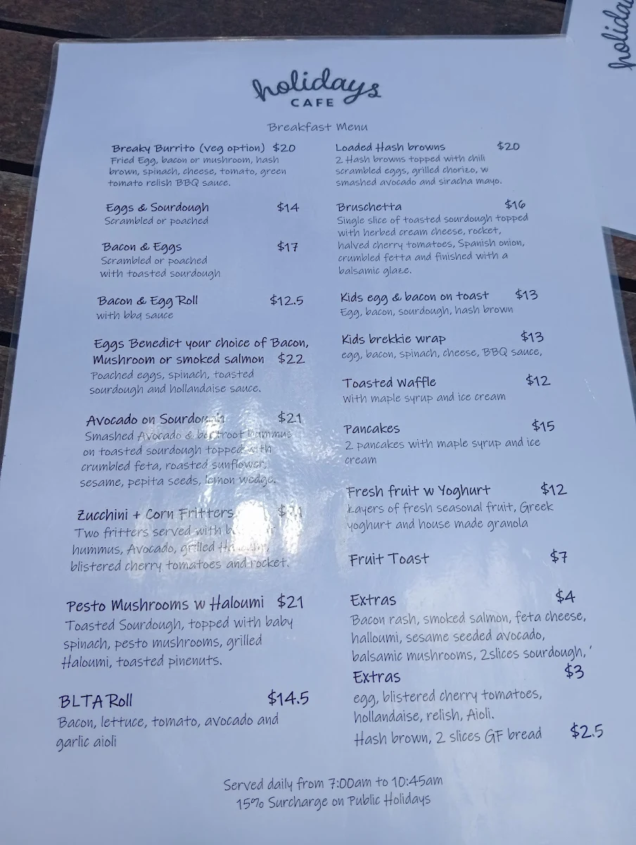 Menu, Holidays Cafe