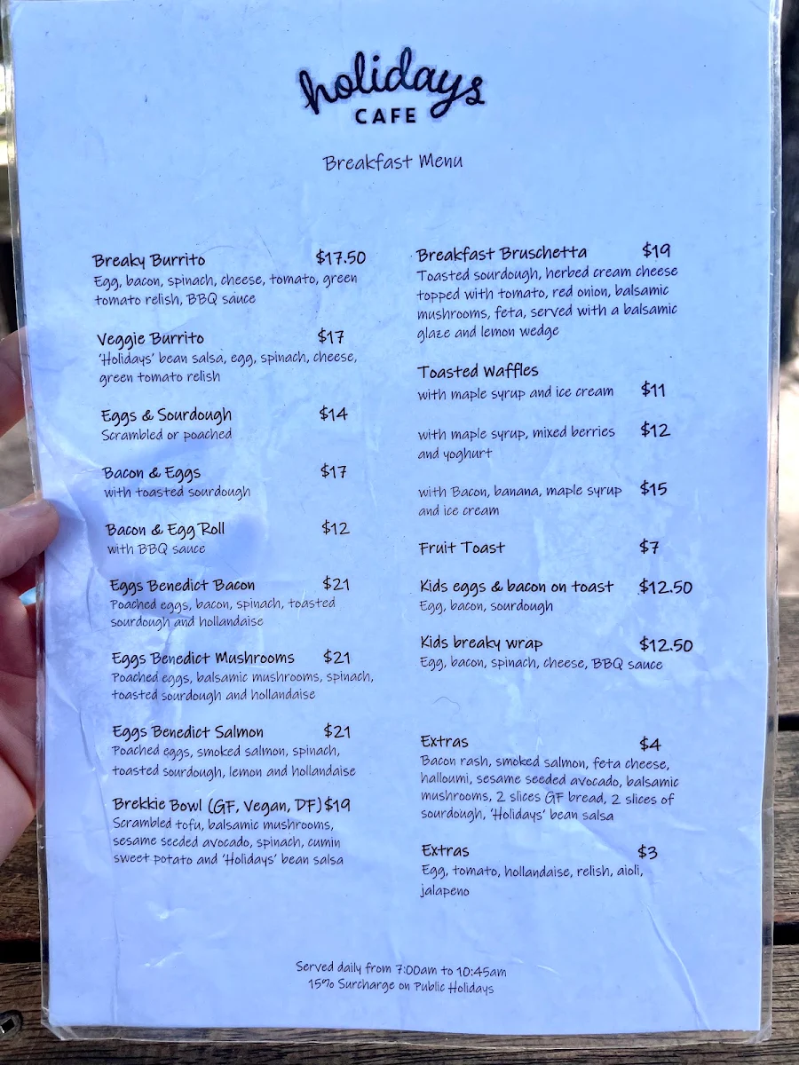 Menu, Holidays Cafe