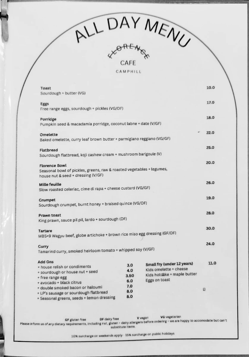 Menu, Florence Cafe