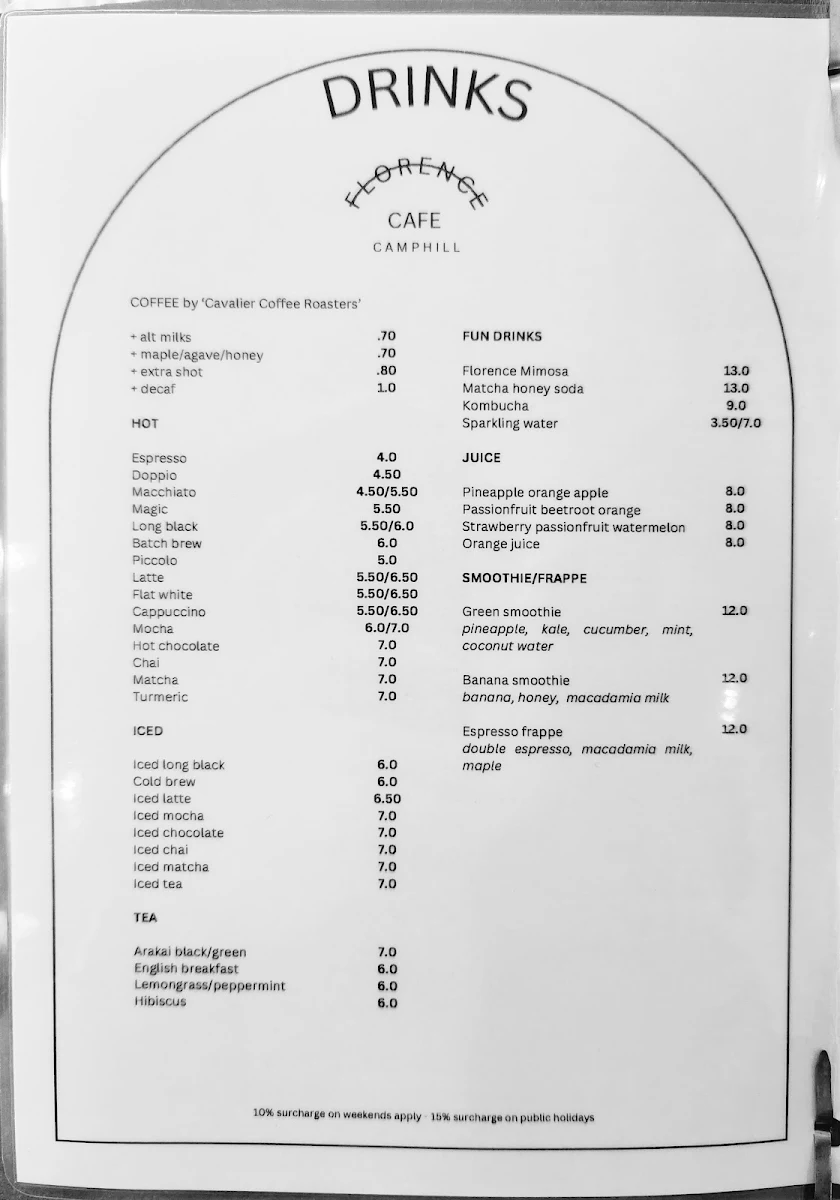 Menu, Florence Cafe