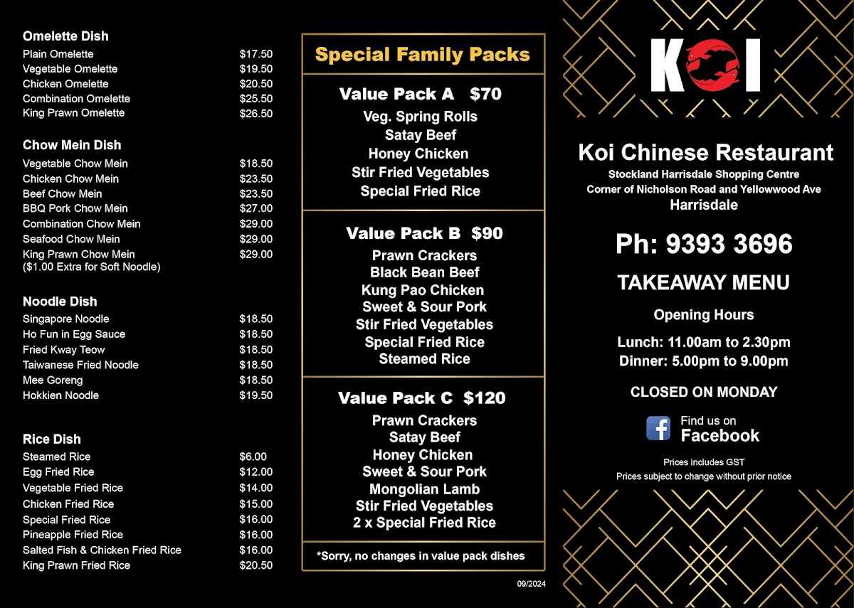 Menu, Koi Chinese Harrisdale
