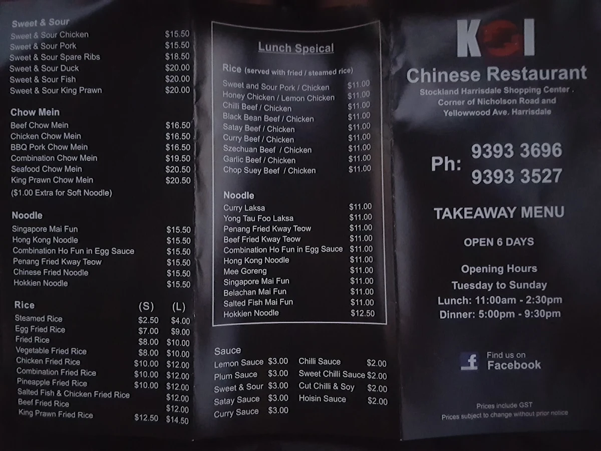 Menu, Koi Chinese Harrisdale
