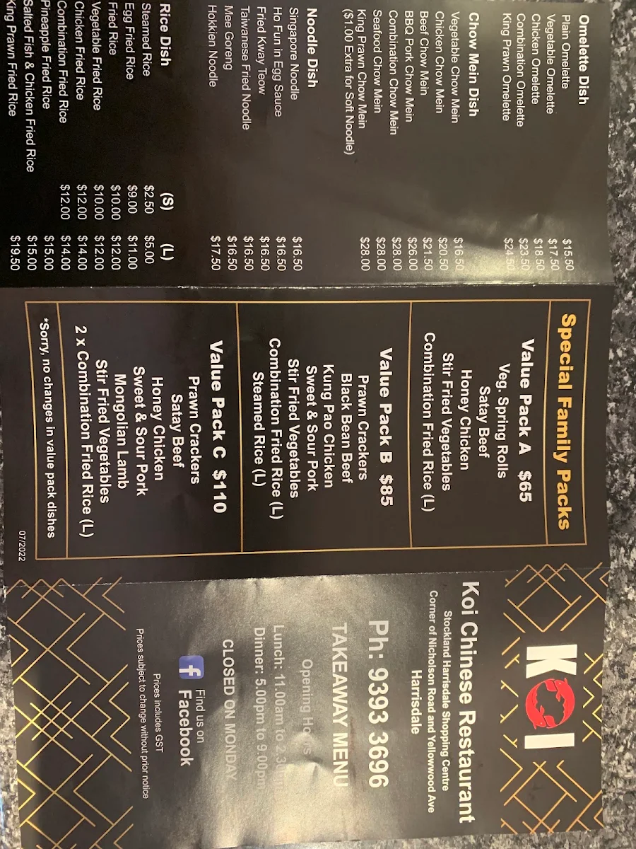 Menu, Koi Chinese Harrisdale