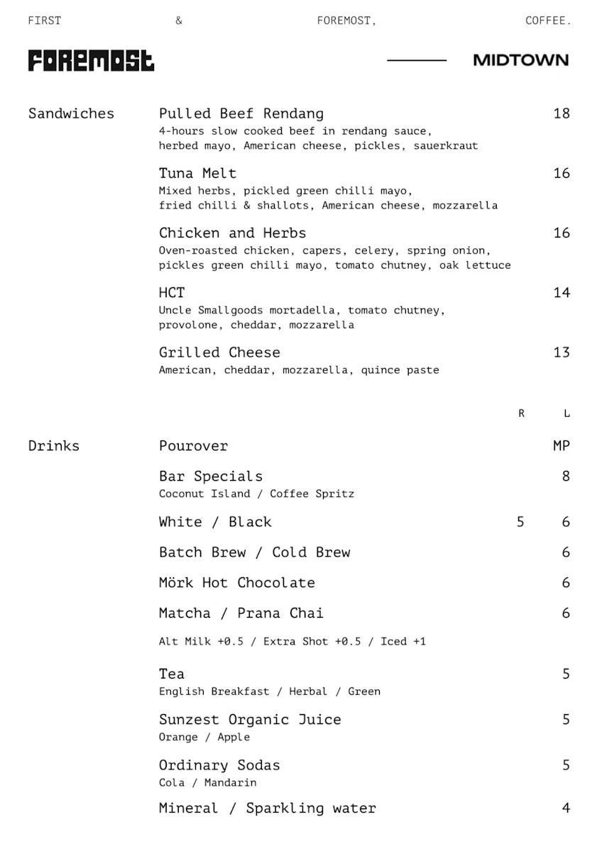 Menu, Foremost Coffee Midtown