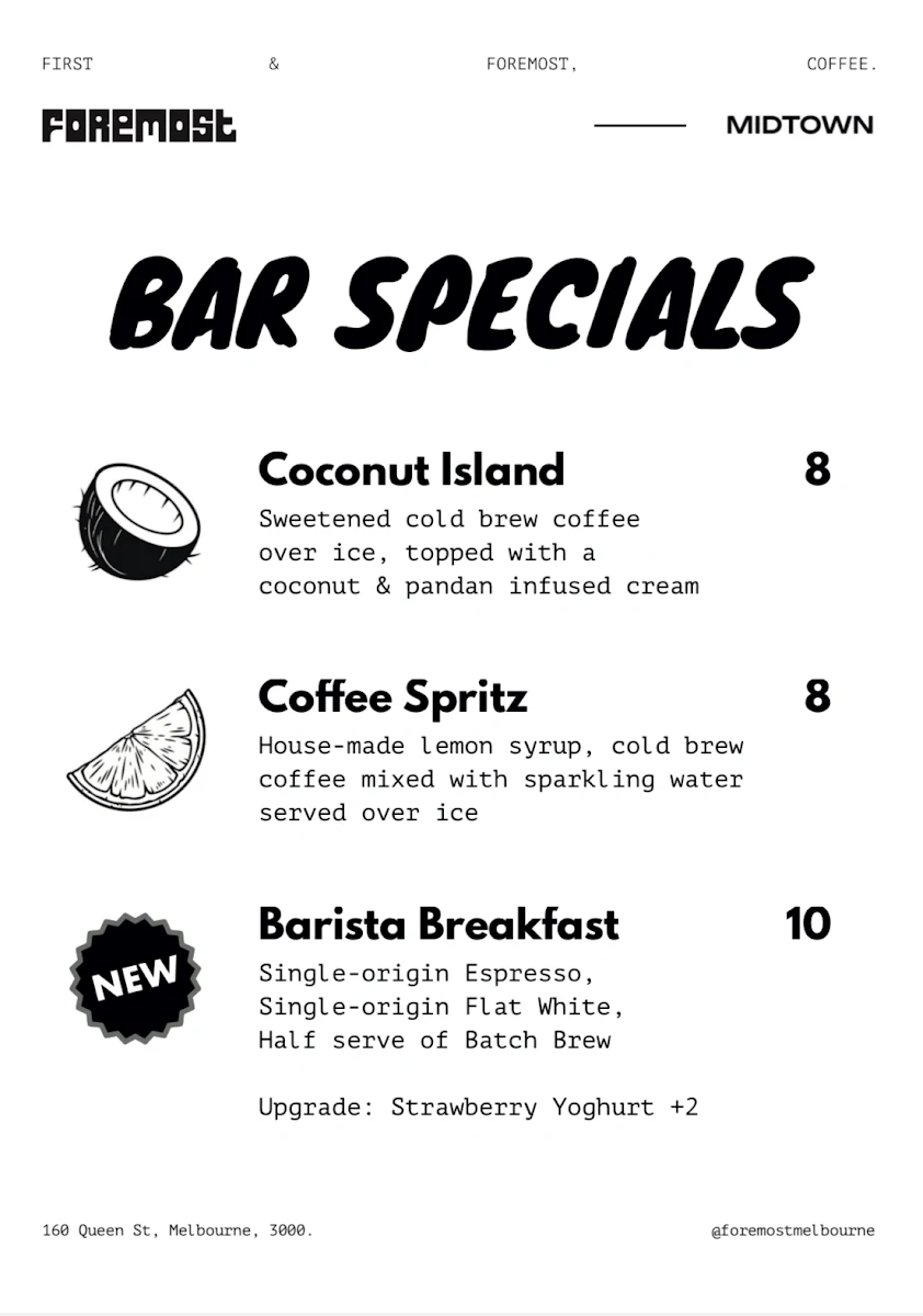 Menu, Foremost Coffee Midtown