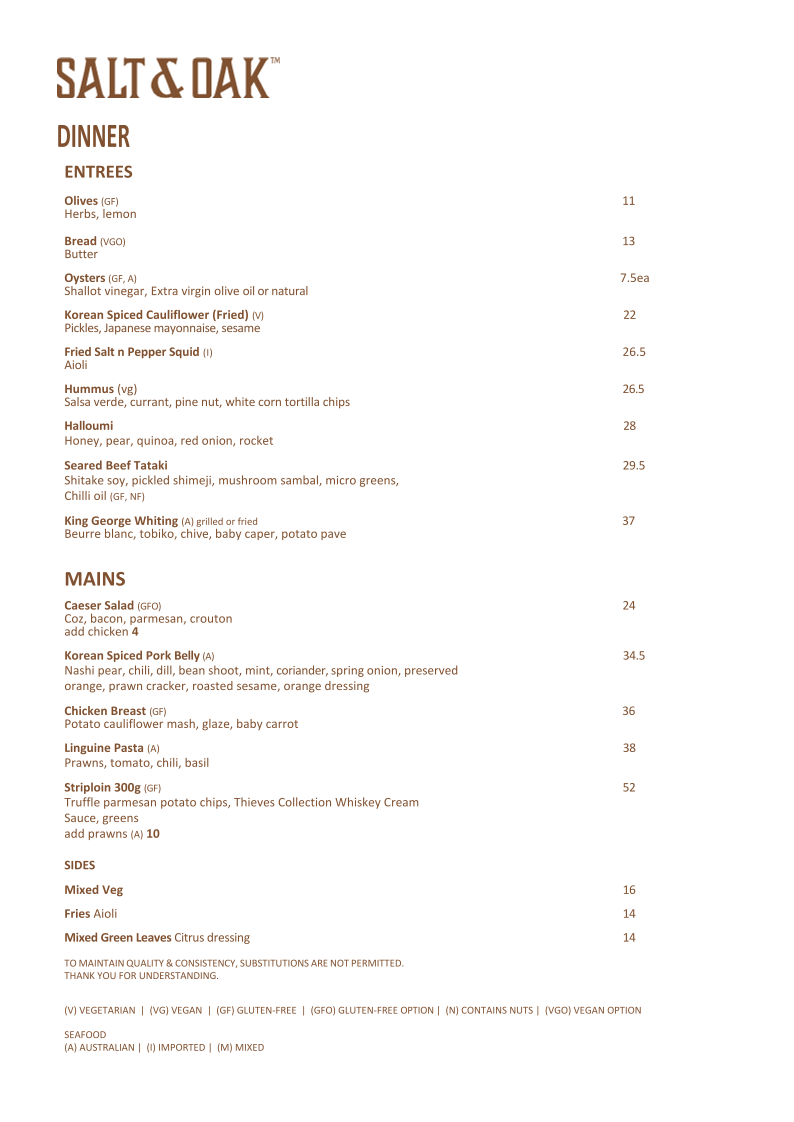 Menu, Salt & Oak