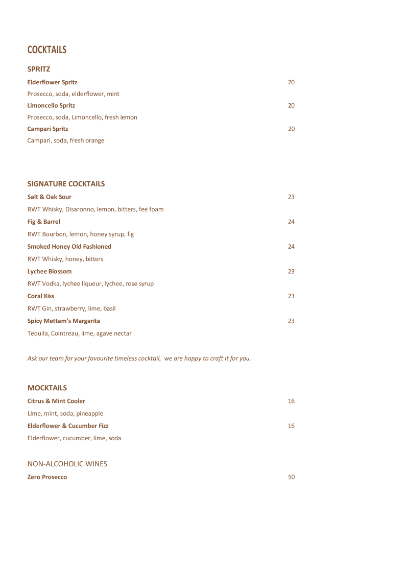 Menu, Salt & Oak