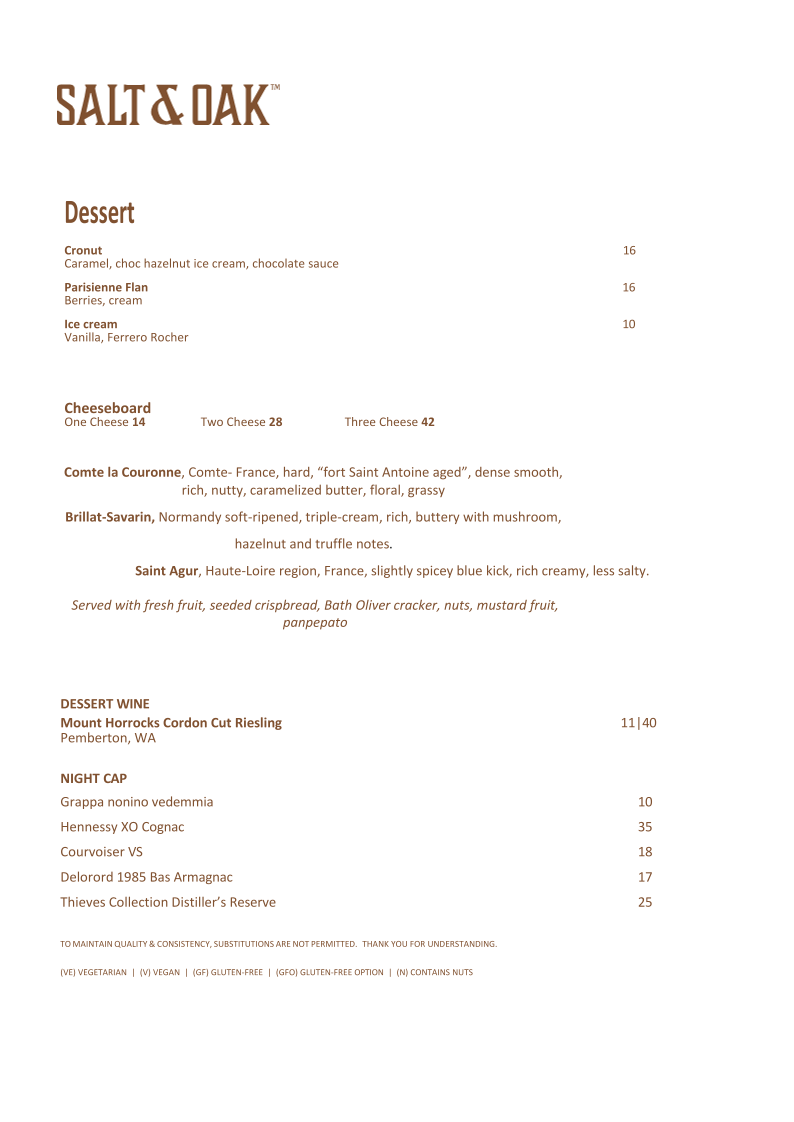 Menu, Salt & Oak