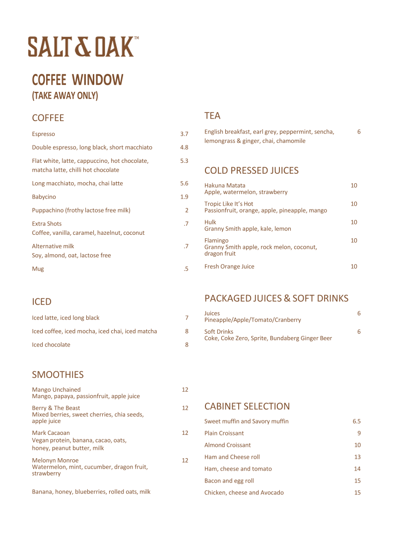Menu, Salt & Oak