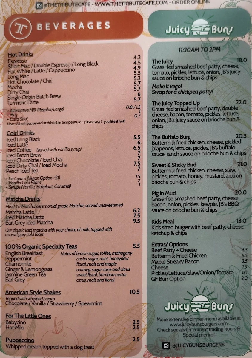 Menu, The Tribute Coffee and Kitchen