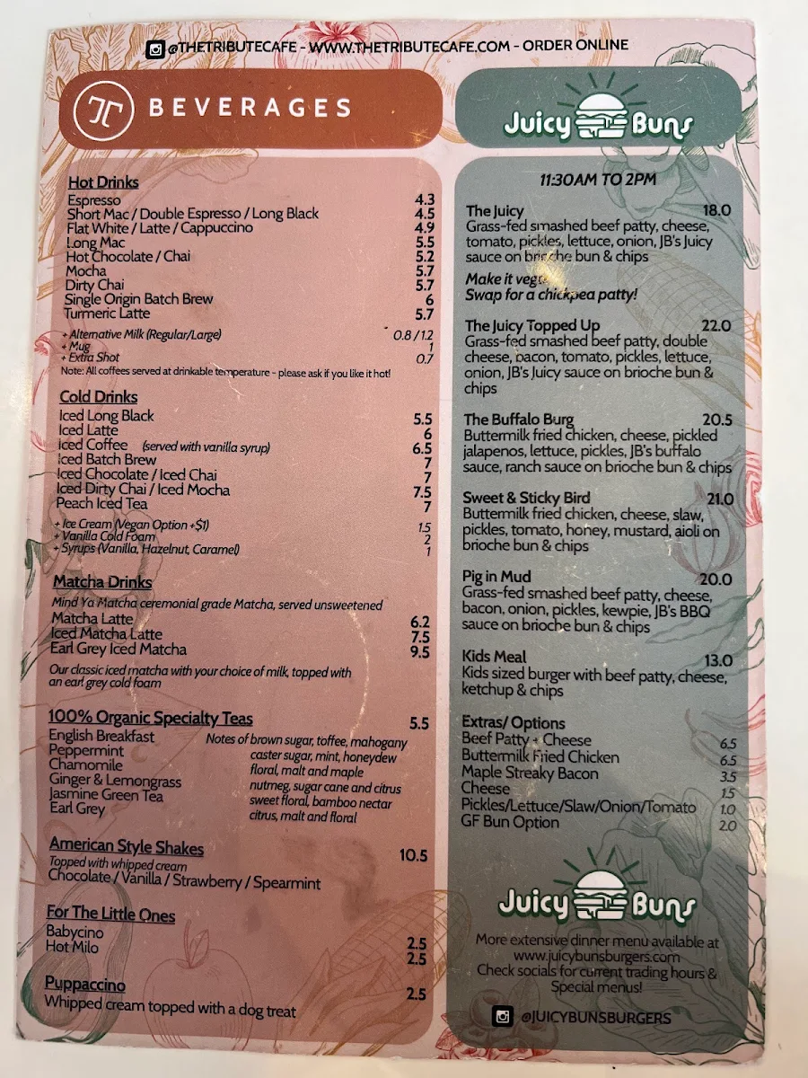 Menu, The Tribute Coffee and Kitchen
