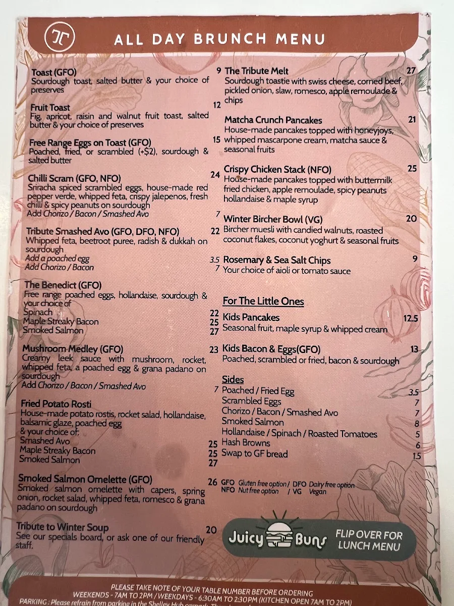 Menu, The Tribute Coffee and Kitchen