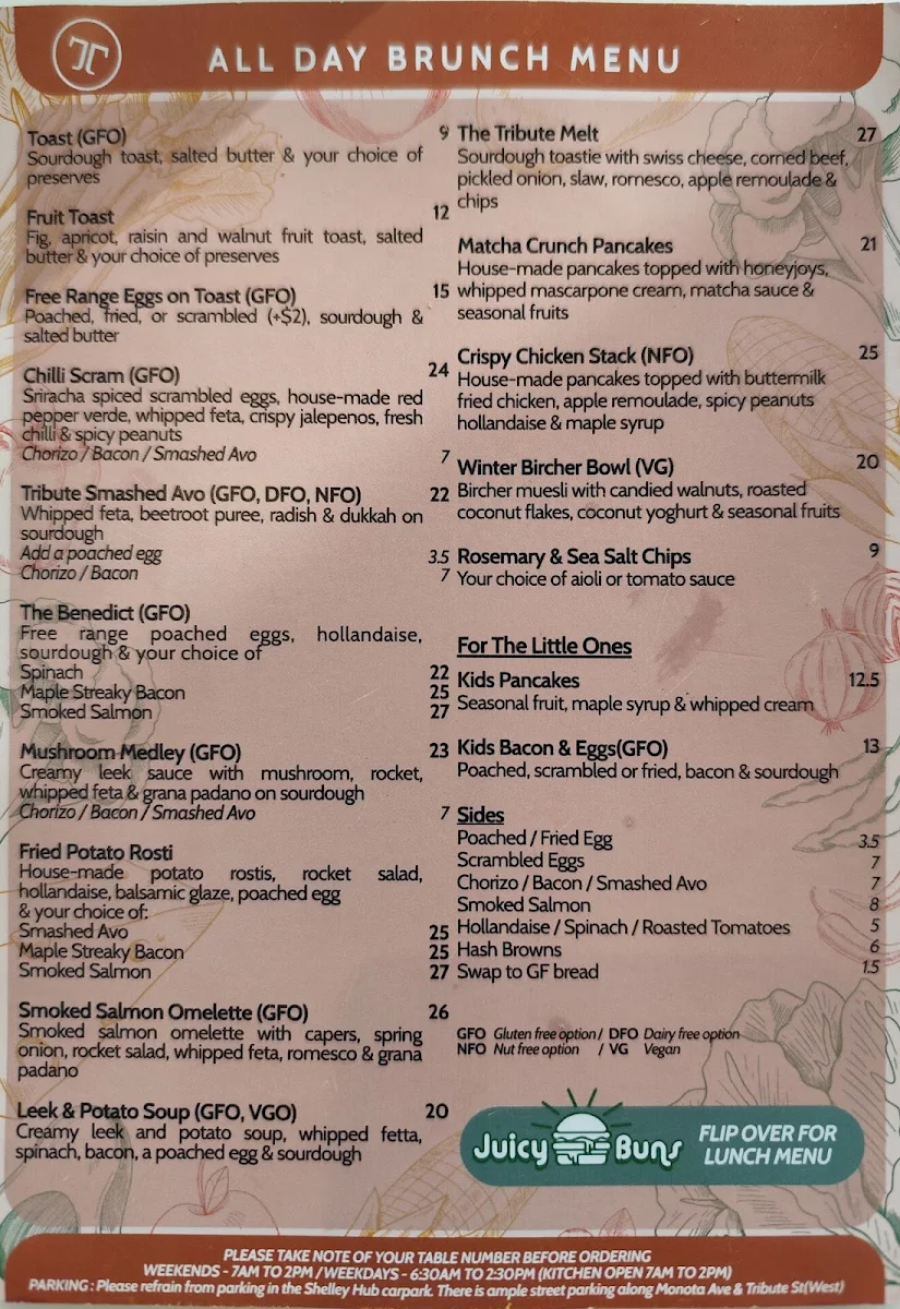 Menu, The Tribute Coffee and Kitchen