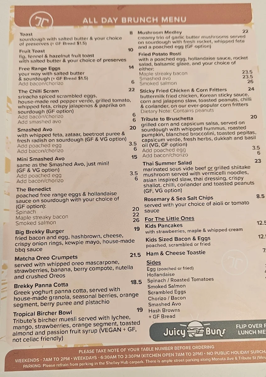 Menu, The Tribute Coffee and Kitchen