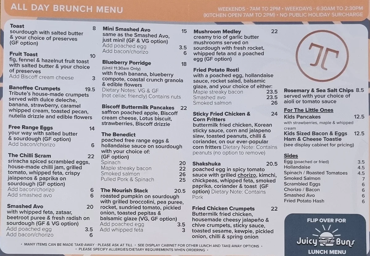 Menu, The Tribute Coffee and Kitchen