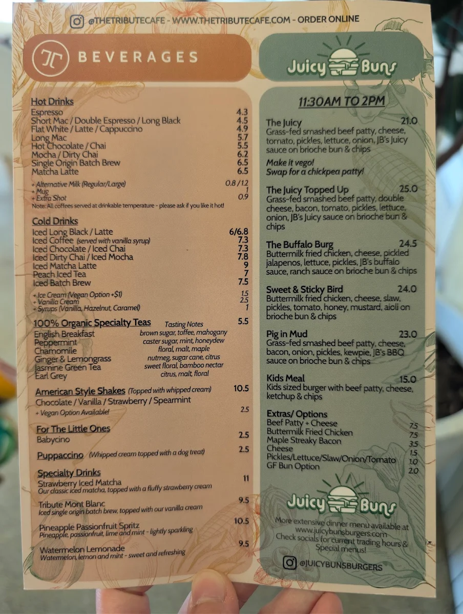 Menu, The Tribute Coffee and Kitchen