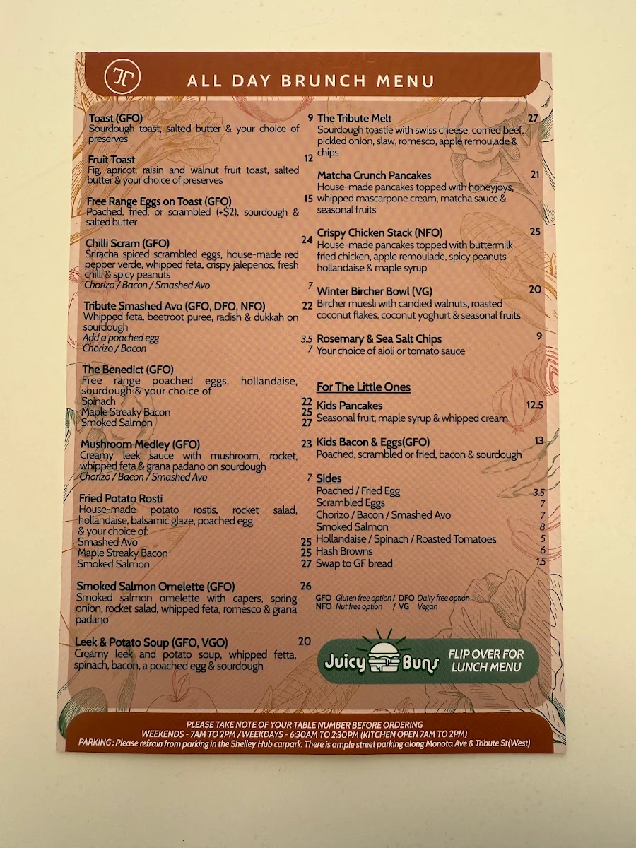 Menu, The Tribute Coffee and Kitchen