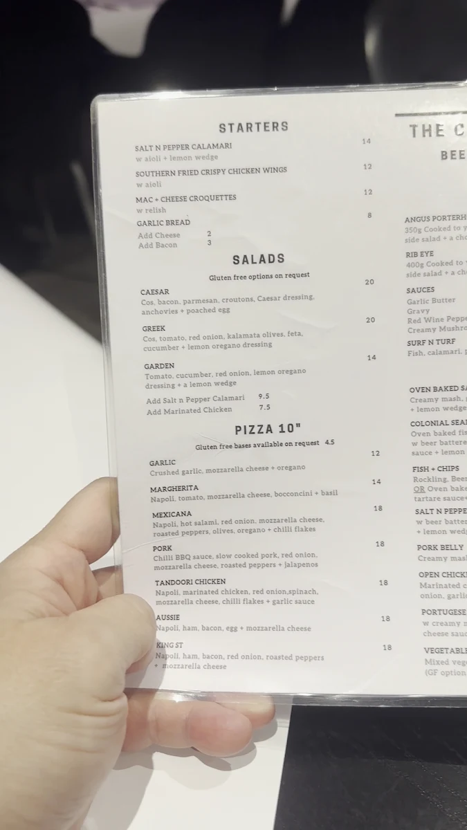 Menu, The Colonial Hotel
