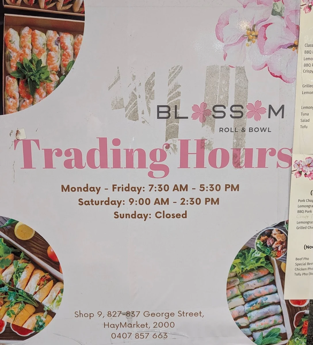 Menu, Blossom Roll and Bowl