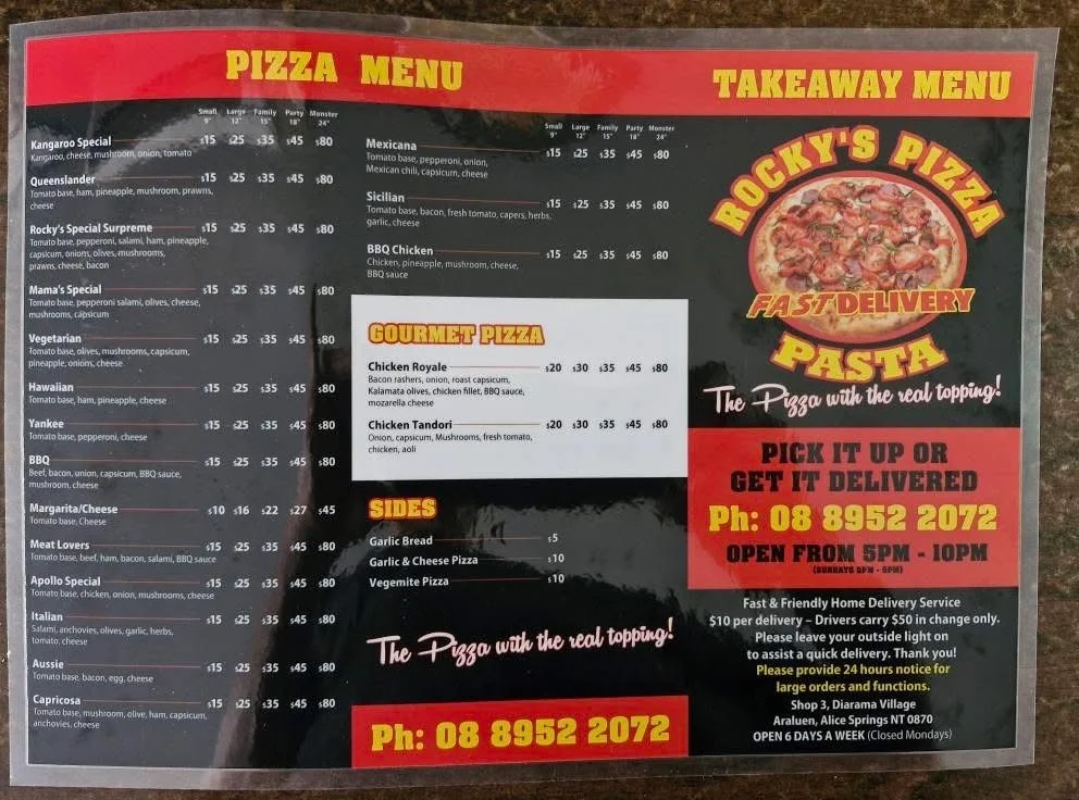 Menu, Rocky’s Pizza