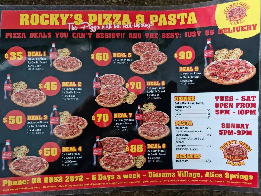 Menu, Rocky’s Pizza