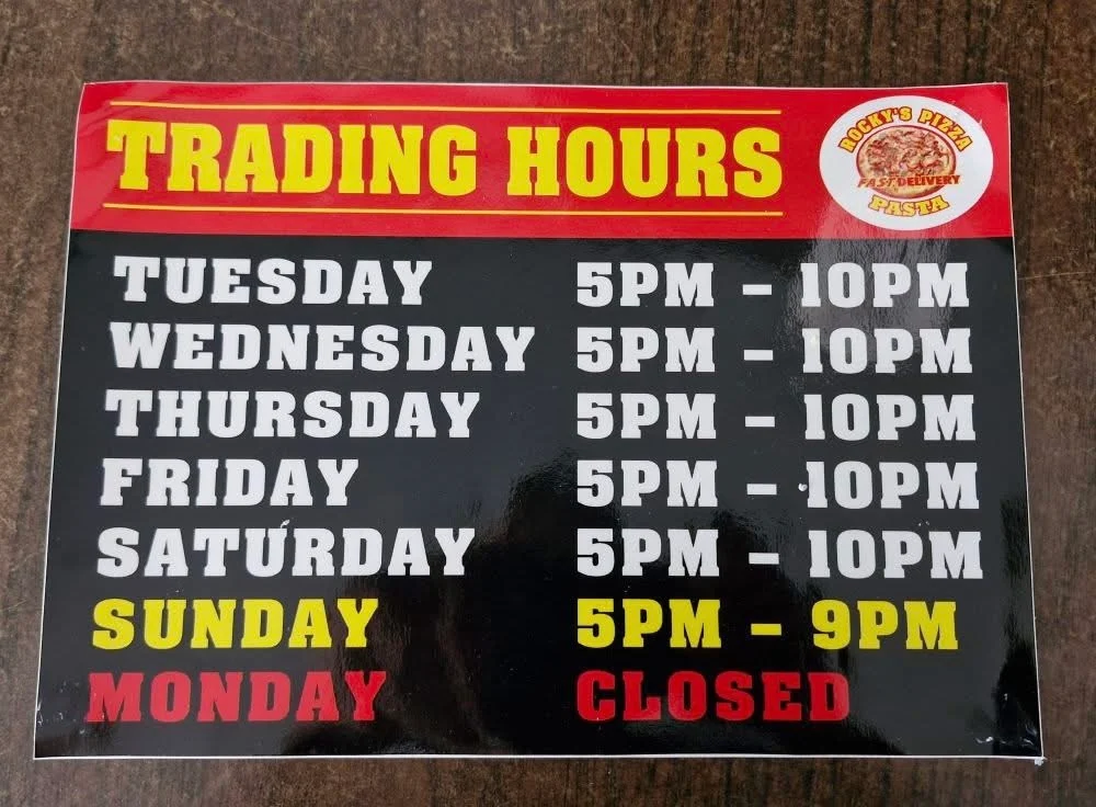 Menu, Rocky’s Pizza