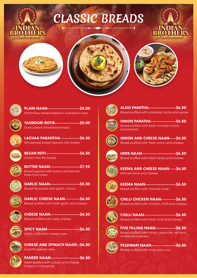 Menu, Indian Brothers Restaurant