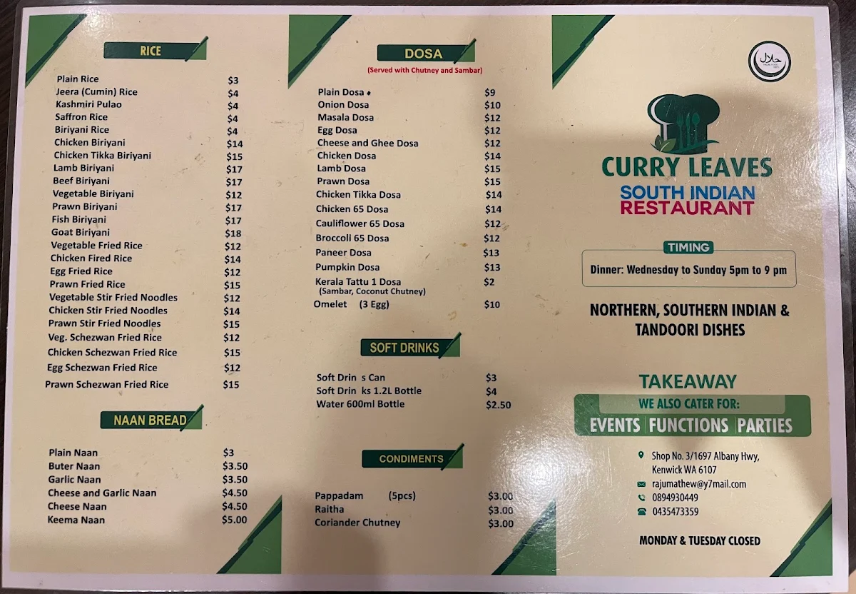 Menu, Curry Leaves