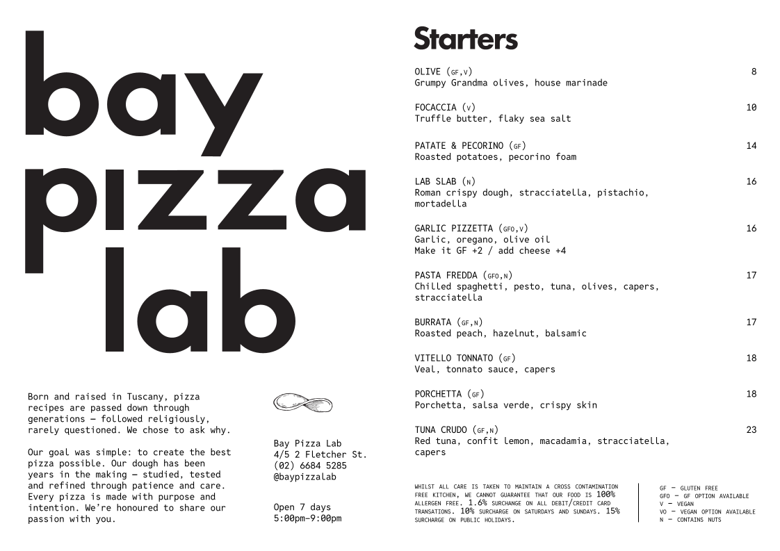 Menu, Bay Pizza Lab