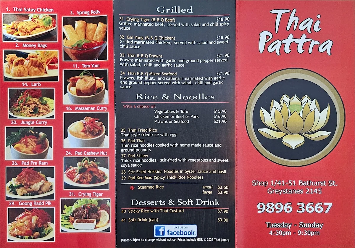 Menu, Thai Pattra Restaurant and Takeaway