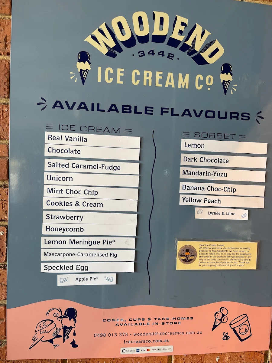 Menu, Woodend Ice Cream Co.