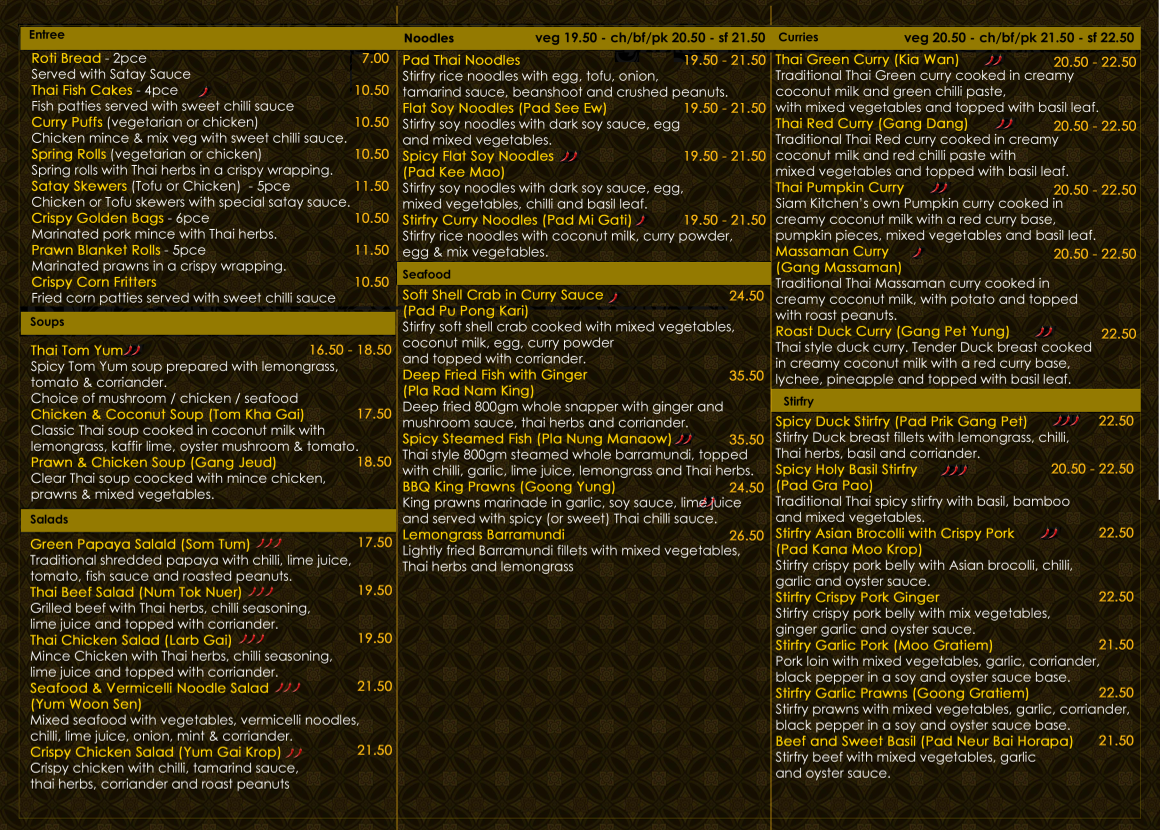 Menu, Siam Kitchen