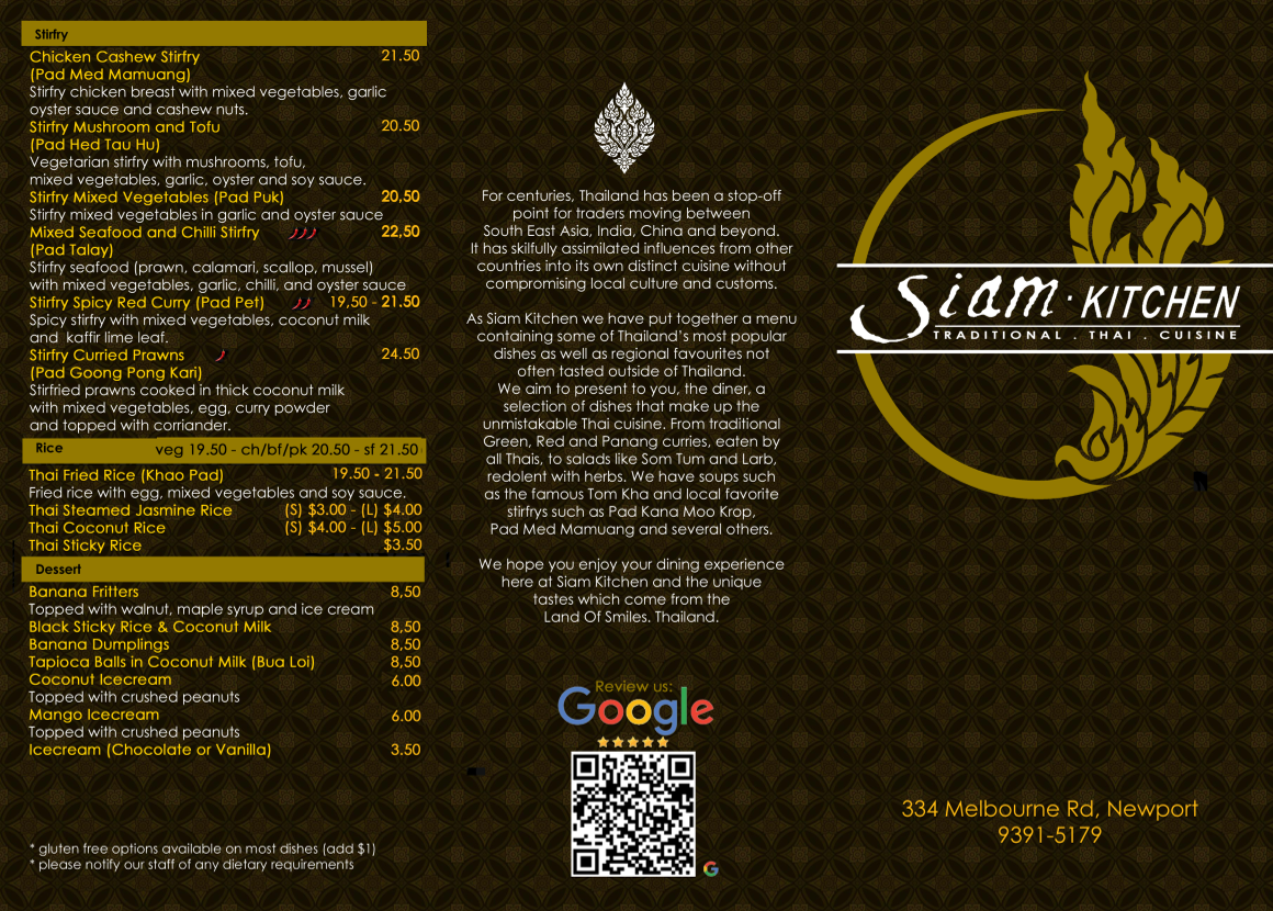 Menu, Siam Kitchen