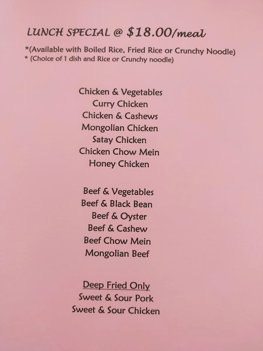 Menu, May & Seng Chinese Take Away