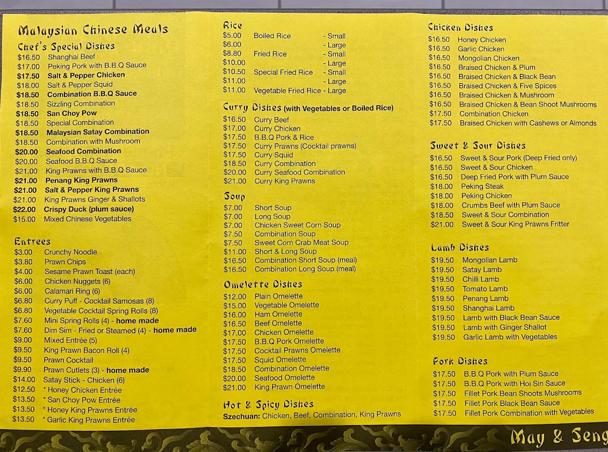 Menu, May & Seng Chinese Take Away