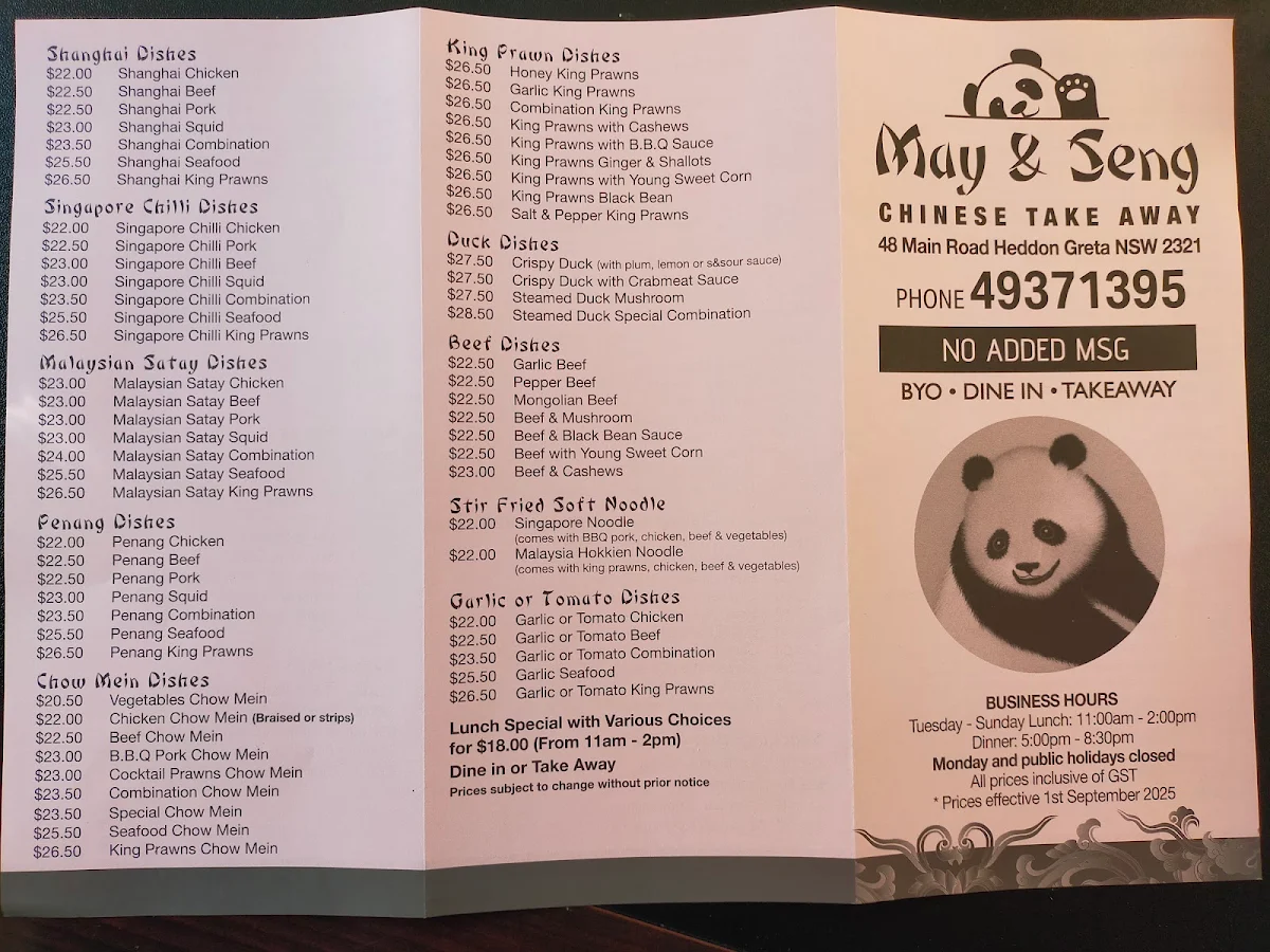Menu, May & Seng Chinese Take Away
