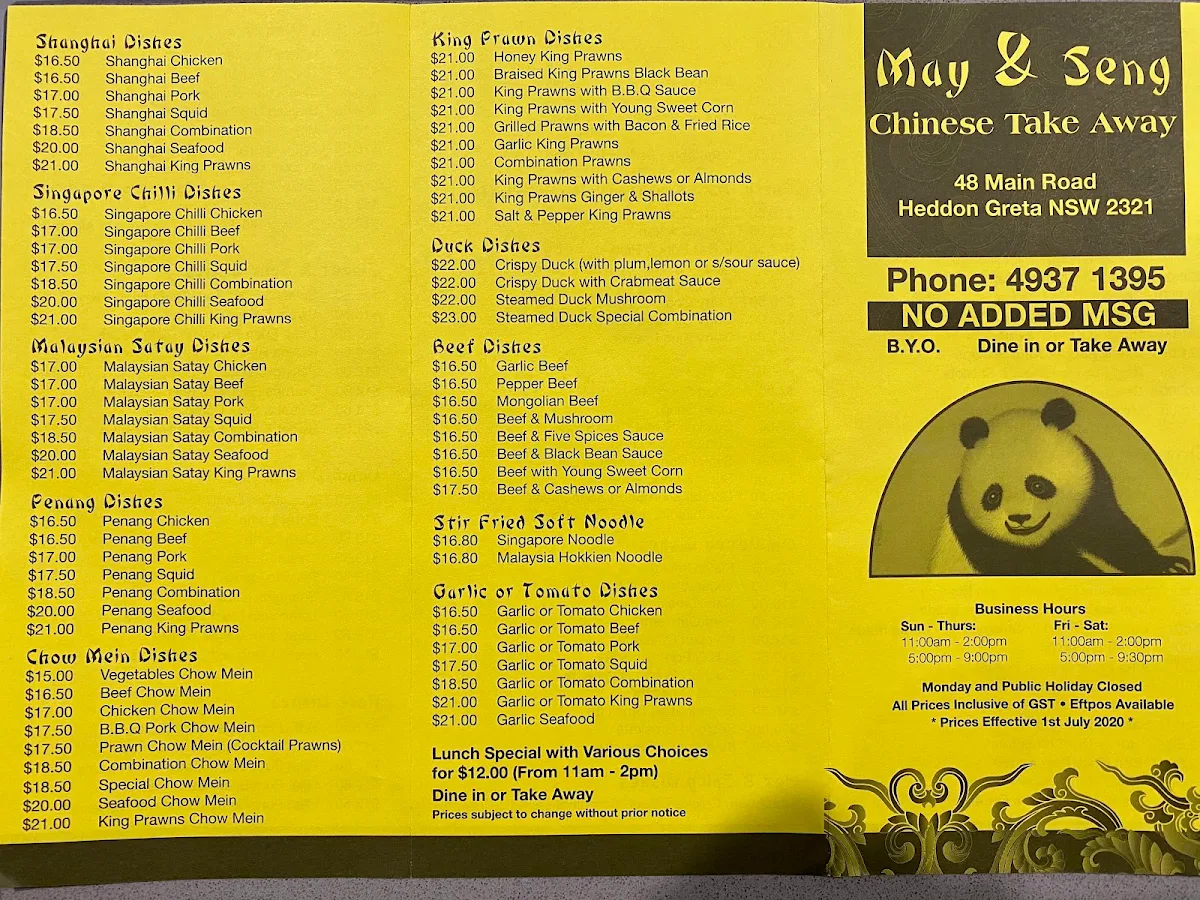 Menu, May & Seng Chinese Take Away