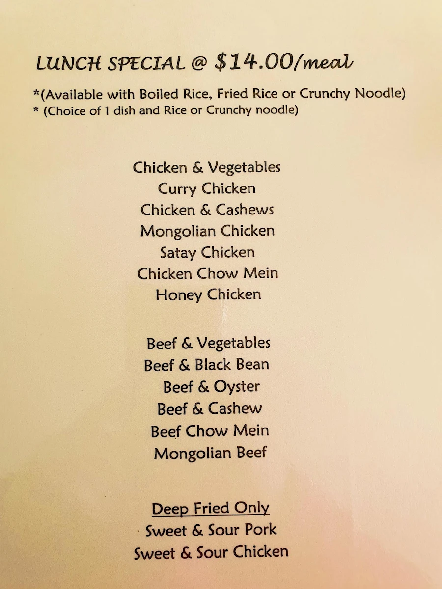 Menu, May & Seng Chinese Take Away