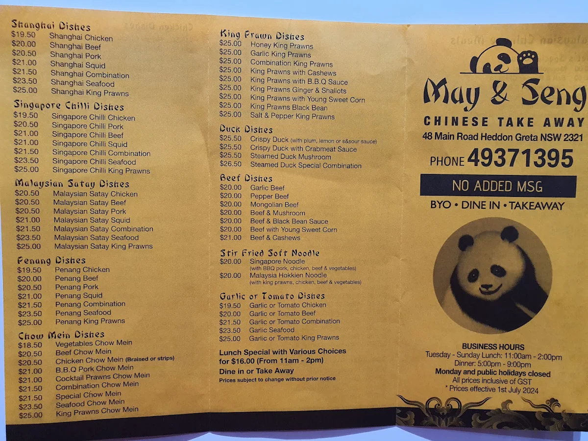 Menu, May & Seng Chinese Take Away