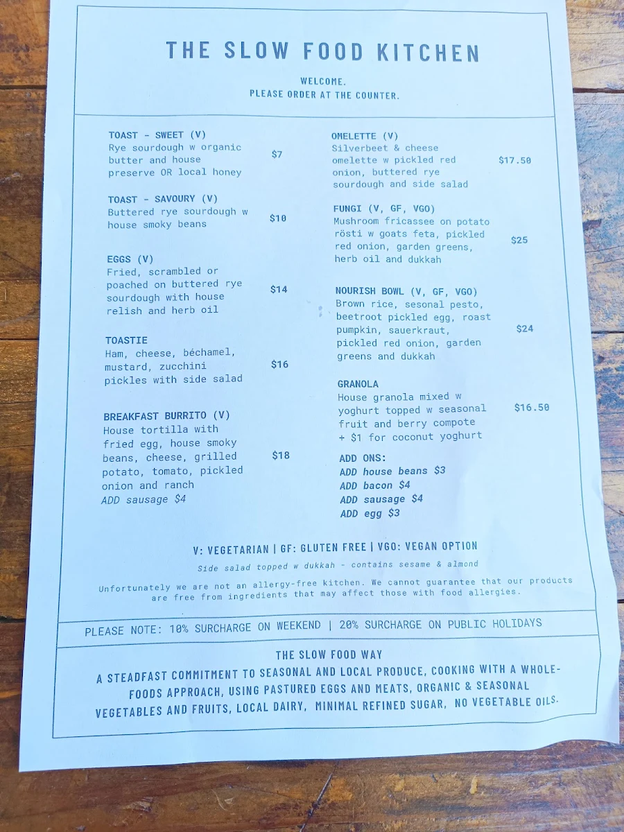 Menu, The Slow Food Kitchen